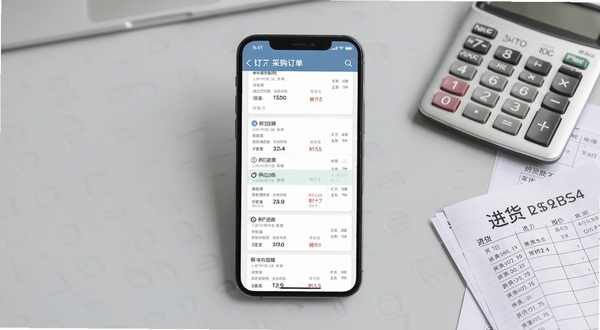 批发工厂采购进货软件主界面展示,画面中心为手机屏幕正视图,屏幕内呈现采购订单列表与供应商报价卡片,背景为简洁的浅灰色工作台面,右侧点缀计算器与纸质进货单,整体风格写实商务,光线柔和均匀,适配电商下载站展示