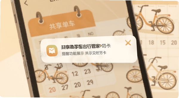 共享单车出行管家月卡提醒功能展示,手机屏幕弹出通知提醒卡片,背景是日历与单车图标组合的插画风格,色调温暖柔和,突出提醒的及时感