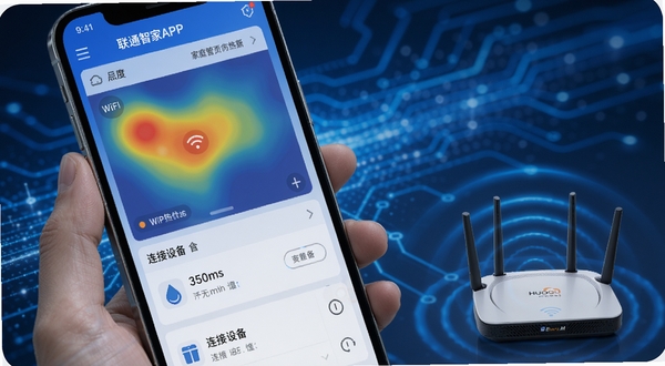 联通智家APP家庭网络管理界面特写,手机屏幕展示WiFi热力图与连接设备列表,画面以蓝色科技光效为背景,路由器设备在画面右下角发出信号波纹,整体风格干净利落,适合Boogu模型生成