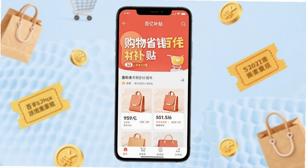 购物省钱百亿补贴软件主界面全貌展示,画面主体为一部安卓手机屏幕,屏幕中央显示购物省钱百亿补贴APP首页,背景区域为柔和的浅蓝色渐变,周围点缀购物袋、优惠券、金币等元素,整体风格清新简洁,适配Boogu模型生成