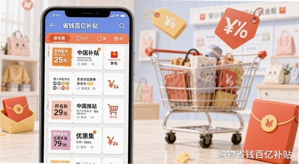 购物省钱百亿补贴全网优惠券聚合功能展示图,画面主体为手机屏幕显示多平台优惠券列表,背景区域为电商购物场景,包含购物车、折扣标签、红包等视觉元素,软件名称购物省钱百亿补贴以水印形式出现在画面右下角