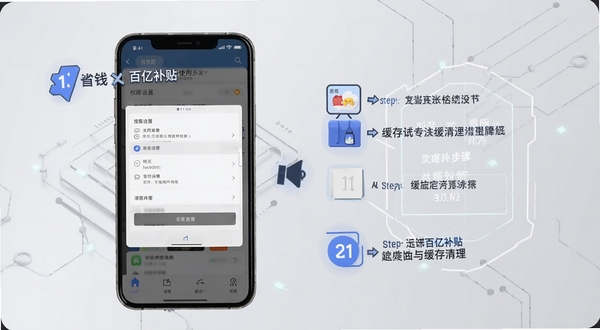 购物省钱百亿补贴使用教程示意图,画面主体为手机屏幕显示权限设置与缓存清理步骤,背景区域为浅灰色科技感网格,画面中标注清晰的步骤序号与箭头指引,风格简洁直观