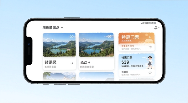 要出发周边游应用界面展示,手机屏幕中呈现周边景点列表和特惠门票信息,背景为淡蓝色渐变,整体风格清新简洁