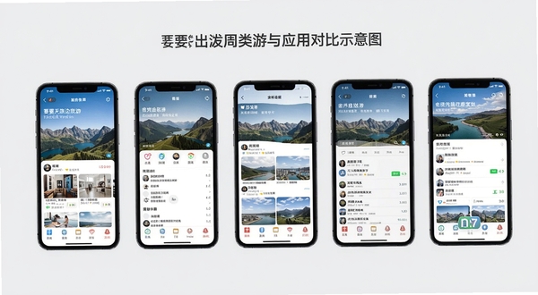 要出发周边游与同类旅行应用对比示意图,多部手机并排展示不同旅行软件界面,背景为浅灰色,风格商务简约