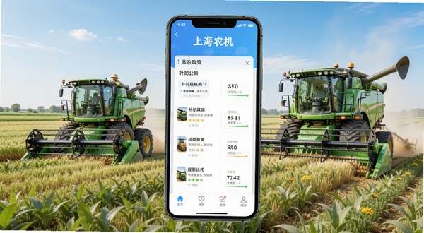上海农机补贴应用主界面展示补贴政策列表和最新公告,手机屏幕中央显示清晰的补贴政策分类,背景为现代化农业机械在田间作业的场景,画面明亮清新,适合移动应用宣传图风格