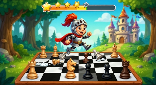 少儿国际象棋教学合集战术闯关界面预览图,画面显示一个卡通骑士正在棋盘上跳跃吃子,屏幕上方有星星奖励进度条,背景是森林城堡风格,色彩鲜艳明快