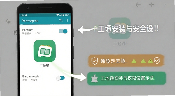 工地通安装与权限设置示意图,画面展示安卓手机设置界面中权限开关与工地通应用图标,背景为简洁的灰色调,突出操作指引与安全提示,适合作为教程配图