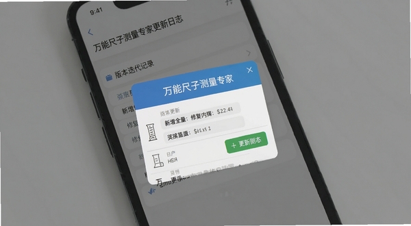 万能尺子测量专家更新日志界面展示,手机屏幕显示版本更新弹窗,列出新增与修复条目,背景为简洁灰色调,呈现版本迭代记录页面