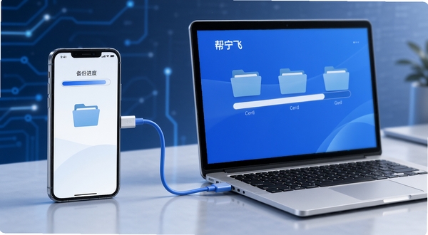 帮宁飞数据存储与备份功能示意图,画面展示手机与电脑之间通过数据线进行文件传输,屏幕中呈现帮宁飞的备份进度条与文件夹图标,整体色调为科技蓝与白色搭配