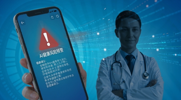 安顿医生 AI健康风险预警界面 手机屏幕显示红色预警图标与健康建议文字 背景为科技蓝渐变 画面中有医生剪影与数据流线条 突出智能分析感