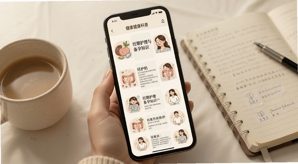 大姨妈软件健康科普页面,手机屏幕显示图文并茂的文章列表,标题包含经期护理与备孕知识,背景为柔和米白色,旁边有咖啡杯与笔记本,营造舒适阅读氛围