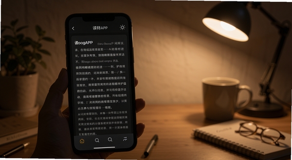 读特APP夜间模式阅读界面,画面为手机屏幕中深色背景下的新闻文章详情页,文字清晰柔和,右上角有亮度调节图标,背景为夜晚书桌场景,氛围安静舒适,突出护眼阅读体验,适配Boogu模型生成