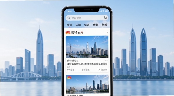 读特新闻资讯应用主界面全貌展示,画面中央是手机屏幕中读特APP的首页信息流布局,顶部有搜索栏和频道导航,背景为深圳城市天际线剪影,整体色调清新明亮,突出新闻阅读类应用的权威感与现代感,画面风格简洁写实,适配Boogu模型生成