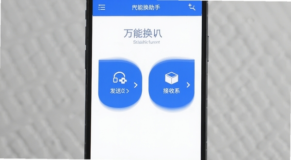 万能换机助手 操作界面 大按钮 发送与接收 极简风格 白色背景 蓝色主色调 画面主体为手机屏幕UI 背景区域为浅灰色留白