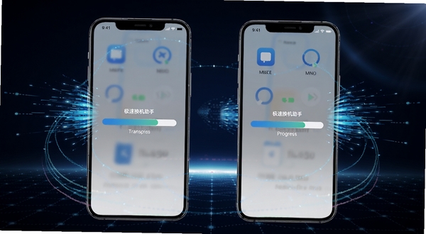 万能换机助手 两部手机屏幕显示传输进度条 周围有速度线特效 背景为深色科技网格 突出极速传输感 画面主体为手机屏幕 背景区域为暗色渐变与光晕