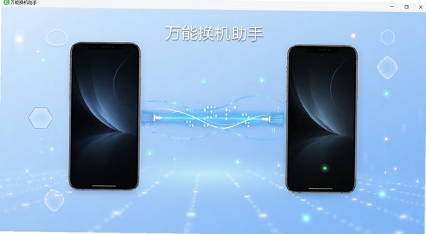万能换机助手 软件主界面 两部手机相对而立 中间有数据流连接 背景为浅蓝色科技感渐变 画面主体位于中央 背景区域为简洁的几何图形与光点 适配Boogu模型生成