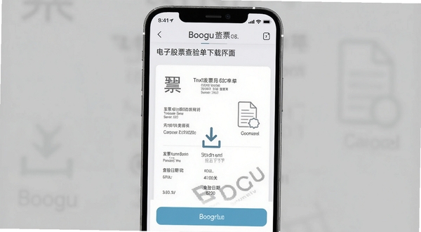 查验电子发票查验单下载界面,手机屏幕显示下载完成的查验单预览,包含发票号码和查验日期等信息,画面中有下载箭头和文档图标,背景为浅灰色商务风格,适合Boogu模型生成