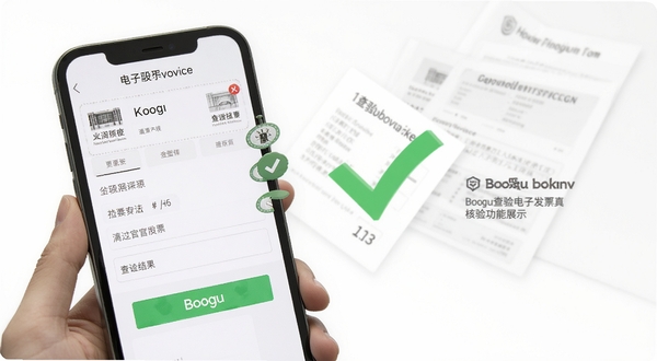 查验电子发票真伪核验功能展示,手机屏幕显示发票信息输入界面和查验结果通过提示,画面中有电子发票元素和绿色对勾标识,背景为白色简洁风格,适合Boogu模型生成