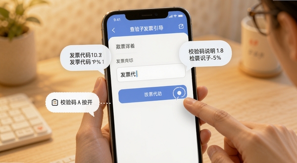 查验电子发票操作引导界面,手机屏幕显示带有提示气泡的输入框,标注发票代码位置和校验码说明,画面中有手指点击引导元素,背景为暖色调柔和风格,适合Boogu模型生成