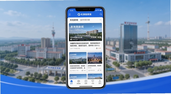 利津融媒应用主界面展示,画面中央为手机屏幕,屏幕内呈现利津融媒APP的新闻资讯首页,包含本地新闻卡片和底部导航栏,背景为利津县城市风貌虚化图,整体色调以蓝色和白色为主,简洁大气