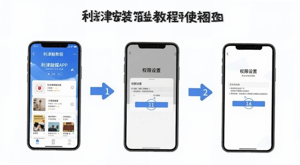 利津融媒APP安装使用教程示意图,画面展示手机安装界面和权限设置页面,步骤清晰,背景简洁,突出操作指引