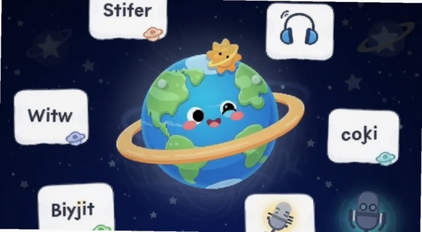 英语星球APP主界面展示,中央是卡通星球造型的学习地图,周围环绕单词卡片、听力耳机和口语麦克风图标,背景为深蓝色星空与柔和光晕,整体风格活泼清新,适配手机屏幕竖版构图