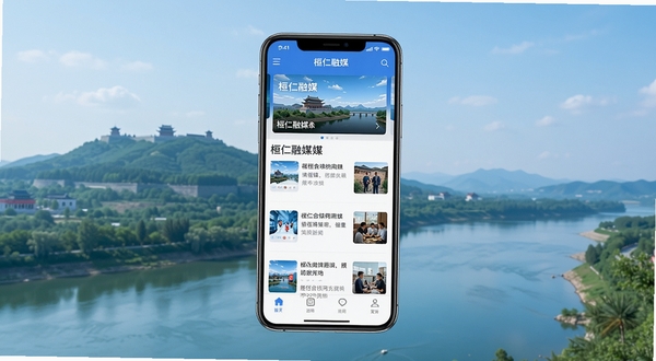 桓仁融媒应用界面全景预览图,画面中央展示一部智能手机屏幕,屏幕内呈现桓仁融媒客户端首页新闻资讯列表与顶部轮播图,背景为桓仁五女山远景与浑江水域风光,画面风格清新明亮,采用扁平化UI设计风格,色调以蓝色和白色为主,整体构图简洁大气,突出本地化新闻资讯平台的核心定位