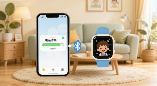 儿童电话手表精灵软件主界面展示,画面中央为手机与儿童智能手表通过蓝牙连接的示意图,手机屏幕显示应用推送进度条,背景为温馨的家庭客厅场景,明亮柔和的色调,扁平化UI设计风格,画面清晰简洁