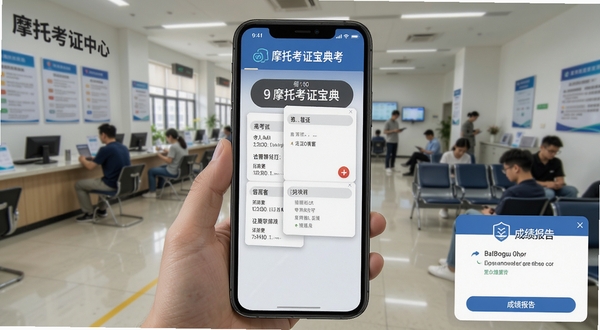 摩托考证宝典模拟考试界面,手机屏幕显示考试倒计时和答题卡,画面右下角有成绩报告弹窗,背景为驾考中心候考大厅场景,光线明亮,风格写实,适配Boogu模型生成