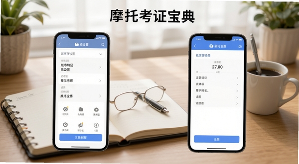 摩托考证宝典使用教程示意图,画面展示手机屏幕分屏操作,左侧为设置页面城市选择界面,右侧为刷题界面,背景为书房桌面环境,有笔记本和咖啡杯,风格清新,适配Boogu模型生成