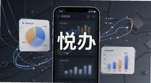 悦办应用的数据统计面板截图风格插画,手机屏幕显示饼图和柱状图,周围有抽象的数据线条装饰,背景为深灰色科技感渐变,画面中央有悦办字样,整体风格简洁专业