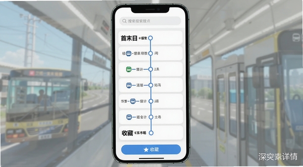 公交地铁站点查询软件内线路详情页的界面示意图,手机屏幕显示一条公交线路的站点列表,每个站点用圆点连接,首末站用加粗字体突出,背景为白色卡片式布局,顶部有搜索框,底部有收藏按钮,画面整体明亮简洁,软件名称以水印形式出现在右下角