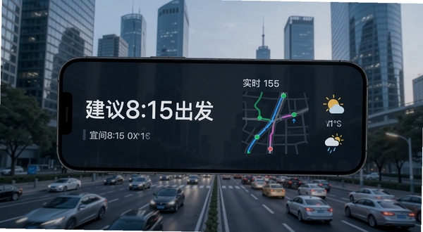 宜出门智能出发时间推荐功能界面,手机屏幕显示“建议8:15出发”的醒目提醒,旁边有实时路况线条图与天气小图标,背景为现代城市高楼与车流,画面风格简洁科技感