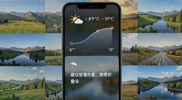 宜出门天气与穿衣建议联动界面,手机屏幕上半部分显示晴转多云天气图标与温度曲线,下半部分显示“建议穿薄外套,携带折叠伞”的文字提示,背景为四季变化的自然风景拼贴