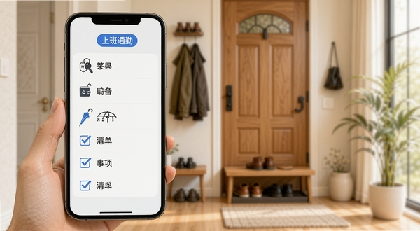 宜出门出门清单与提醒事项界面,手机屏幕显示可勾选的物品列表,包括钥匙、钱包、雨伞等图标,顶部有“上班通勤”标签,背景为温馨家居玄关场景,画面明亮整洁