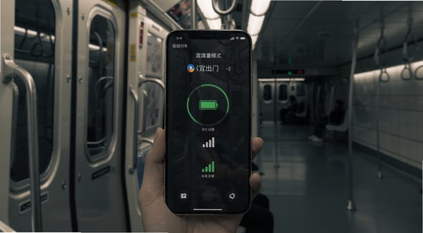宜出门轻量省电与离线可用功能示意,手机屏幕显示低电量模式下宜出门仍流畅运行,旁边有电池图标与信号格图标,背景为地铁车厢与地下通道场景,画面色调沉稳