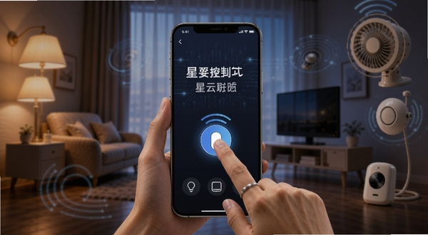 星云物联远程控制与场景联动功能展示,画面中央为手机操控界面,手指点击开关按钮,背景为智能家居场景剪影,如灯光、风扇、传感器等元素环绕,风格温馨且富有科技感