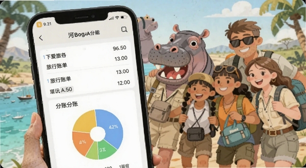 河马爱旅行 旅行账单与AA分账功能展示,画面为手机屏幕显示账单列表与分账饼图,背景为朋友结伴旅行合影插画,风格活泼温馨,适配Boogu模型生成