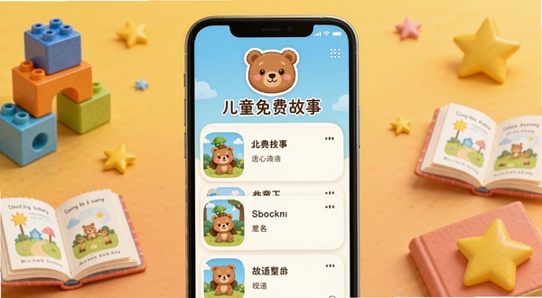 儿童免费故事应用整体界面展示,画面中央是手机屏幕显示故事列表页面,屏幕上方有卡通小熊图标和儿童免费故事字样,背景区域为暖色调渐变,四周散落着彩色积木、绘本和星星装饰元素,整体风格温馨可爱,适合Boogu模型生成