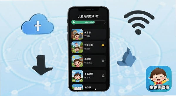 儿童免费故事离线下载功能示意图,画面展示一部手机屏幕上有下载进度条和已下载故事列表,手机周围环绕着云端图标、WiFi信号图标和下载箭头,背景是淡蓝色科技感渐变,画面一角有儿童免费故事应用图标,整体简洁明快