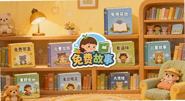 儿童免费故事应用内故事分类页面截图风格插画,画面主体是一个卡通风格的图书馆场景,书架上摆满彩色故事书,每本书封面写着不同的故事分类名称,画面中央有儿童免费故事的Logo,背景是柔和的暖黄色调,细节包括小台灯、毛绒玩具和阅读角,整体温馨童趣
