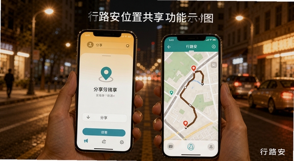 行路安位置共享功能示意图,画面中一部手机显示分享链接界面,另一部手机显示接收到的地图轨迹,背景为夜晚城市街道,色调温暖,体现安全守护感,软件名称行路安出现在界面角落