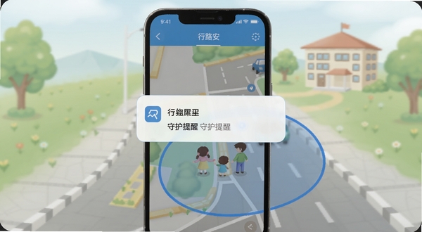 行路安安全区域提醒功能展示,画面为手机屏幕弹出守护提醒通知,地图上以蓝色圆圈标注安全范围,背景为家庭与学校之间的道路,色调柔和,突出行路安软件界面