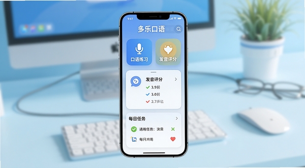多乐口语官方通用版主界面预览图,手机屏幕居中展示,界面包含口语练习入口、发音评分卡片与每日任务模块,背景为浅蓝渐变桌面环境,整体明亮简洁,适配Boogu模型生成