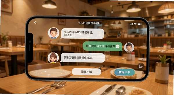 多乐口语场景对话模拟功能界面,手机横屏展示点餐对话练习场景,屏幕中有角色头像、对话气泡与提示按钮,背景为温馨餐厅环境,画面风格写实清新