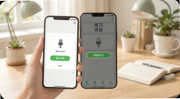 多乐口语移动端使用教程示意图,画面中一只手拿着手机,屏幕显示麦克风权限开启界面与练习评分页面,背景为室内书桌环境,风格简洁明快