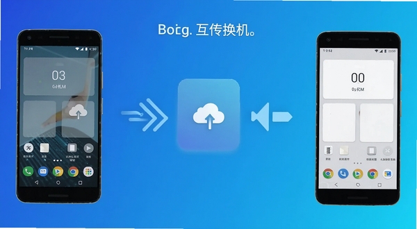 新旧手机互传换机 软件界面全貌展示,画面主体为两部安卓手机并排摆放,中间显示数据传输动画图标,背景为简洁的科技蓝渐变风格,突出换机主题,适配Boogu模型生成