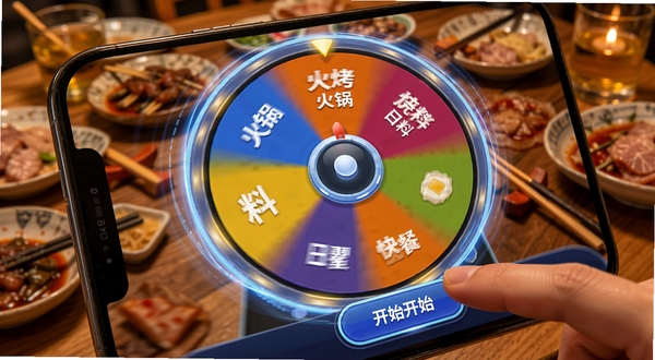 大转盘帮选择应用内页展示,手机屏幕特写,转盘正在高速旋转,带有动态模糊效果,转盘上写着火锅、烧烤、日料、快餐等选项,背景是温馨的餐桌场景,手指轻触屏幕准备点击开始按钮,画面动感十足,科技感与生活气息结合