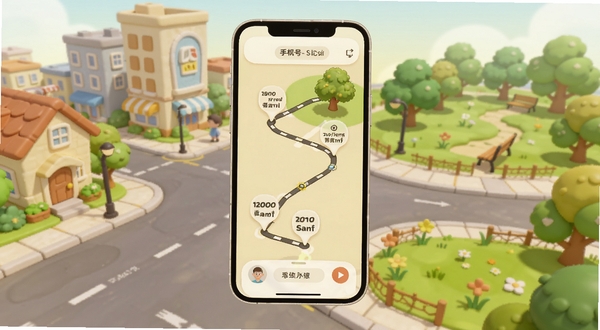 手机号定位追踪寻人实时轨迹界面,画面展示一条从家到公园的移动路线,路线上有多个时间节点标记,背景是卡通风格的城市街区与绿色公园,手机屏幕悬浮在画面中央,整体色调温暖柔和
