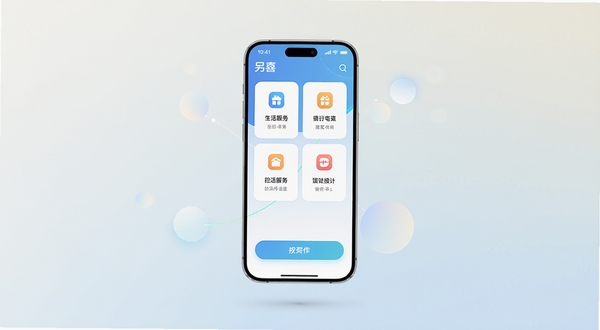 另喜应用主界面全景展示,画面中央为手机屏幕悬浮于浅色渐变背景之上,屏幕内呈现简洁的卡片式功能布局,包含生活服务图标与操作按钮,四周点缀柔和的几何光斑,整体色调清新自然,渲染风格写实细腻,突出另喜品牌标识与科技感